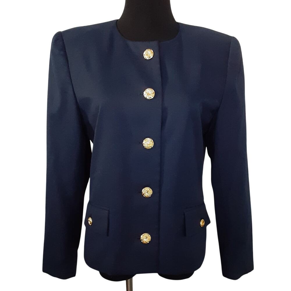 Vintage 80s Blue Nautical Blazer Jacket Collarless Waistcoat Parade Band Uniform